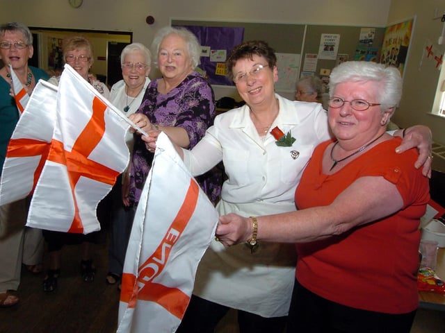 Corby, Beanfield, Hart Club, celebrations for St George's Day l-r Barbara MacDonald, Doreen Johnson, Anne Shadbolt, Anne McIntosh, Marion Barr, Brenda Mitchell. April 2010