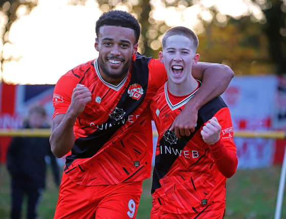 Luca Miller celebrates firing Kttering Town into the lead at Alvechurch (Picture: Peter Short)