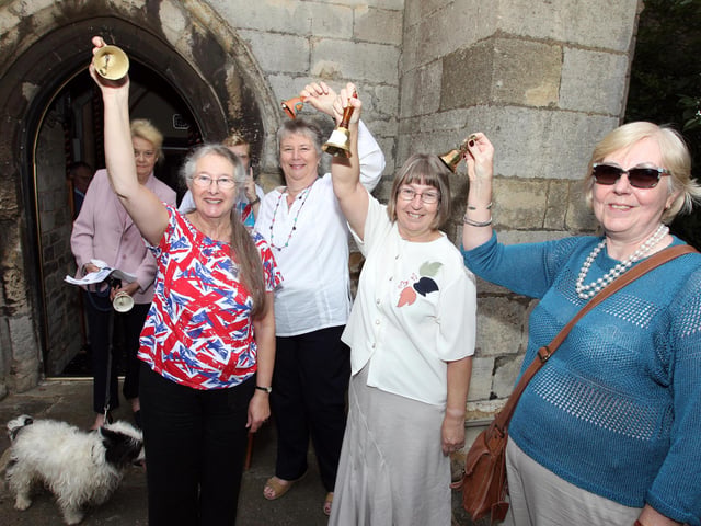 Ringing the bells at St John the Baptist Church to mark the start of the 2012 London Olympics. Cathy Mason, Sue Brittain, Janet Taylor, Yvonne Mann and Margaret Smith