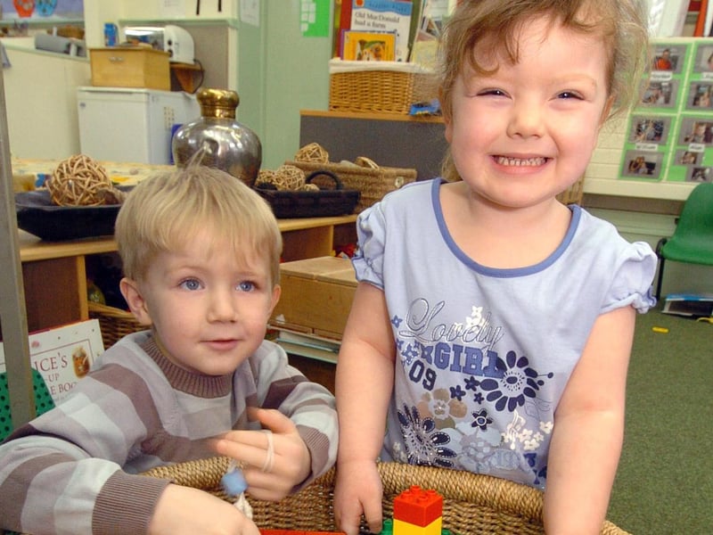 Children playing in the nursery with Duplo after Ofsted gave Pen Green another 'outstanding' rating in 2010. Pictured are Kenzie McAlpine, 4, and Angelleigh Martin, 4.