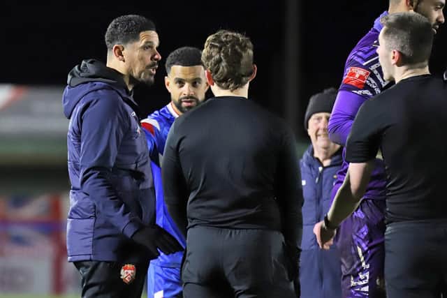 Liam McDonald makes his point to referee Alex Shipp at the end of Saturday's game (Picture: Peter Short)