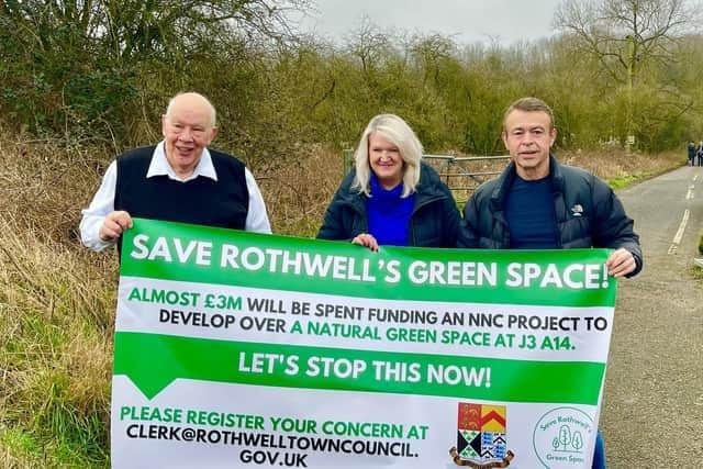 Cllr Cedwien Brown (centre) and Cllr Joseph Smyth (right) are among seven Conservatives to have quit the party. They are pictured here at a protest with Cllr Jim Hakewill, a former Conservative who has been an independent councillor for a number of years.