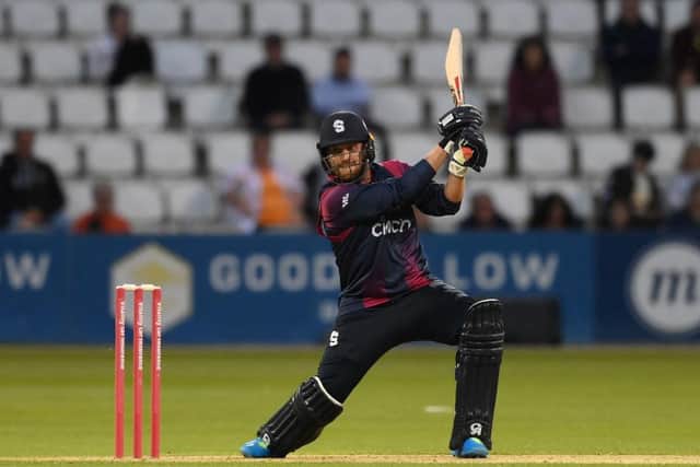 Josh Cobb hammers a boundary during his innings of 70 for the Steelbacks against Derbyshire Falcons
