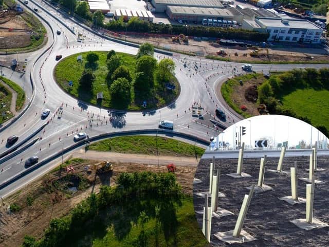An aerial shot of the Chowns Mill junction, and some of the trees planted there following completion of the £24m improvement works (inset)