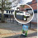 The unauthorised parking space and, inset a picture published by Kettering Town Centre showing its use for parking