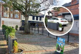 The unauthorised parking space and, inset a picture published by Kettering Town Centre showing its use for parking