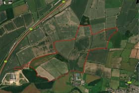 The site outline is in red. Plans for the 105 hectare site are located north of the village of Newton. Credit: Buccleuch Estates Limited