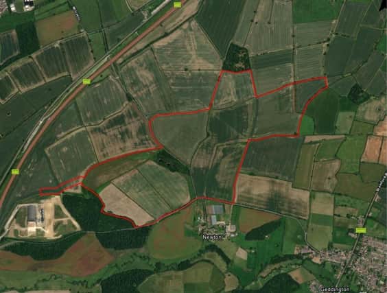 The site outline is in red. Plans for the 105 hectare site are located north of the village of Newton. Credit: Buccleuch Estates Limited