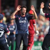 Ben Sanderson celebrates taking the wicket of Phil Salt in the Steelbacks' defeat to Lancashire on June 16 (Picture: David Rogers/Getty Images)