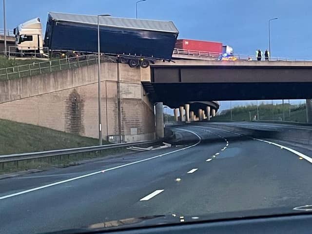The lorry was overhanging the A14.