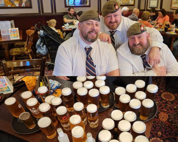 (In order) William, Michael, and Stewart were gifted pints from Wellingborough locals, and decided to hand them out to people in the pub