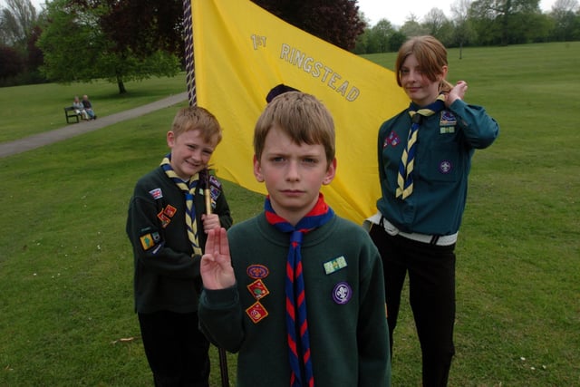 St George's day parade, Rushden. Left to right: James Manto,9, (1st Raunds) Samuel Staines,10, (1st Ringstead) and Rachael Goulbourn,12 (1st Raunds). April 2007