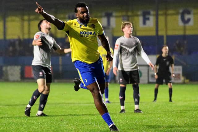 Zayn Hakeem of Wellingborough Town celebrates scoring his sides second goal during the 4-0 win over Loughborough Students (Picture: Rob Webb)