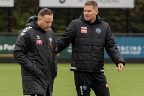 AFC Rushden & Diamonds boss Elliot Sandy (right) and assistant Jim Le Masurier (Picture: Shaun Frankham)