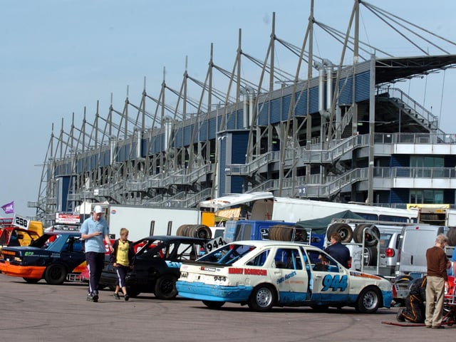 The grandstand and paddock at Rockingham Speedway, Corby for Oval Fest in 2006