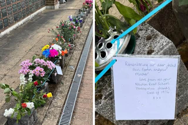 Flowers recently left at Kettering Crematorium in memory of Anne Perrin, 11, and her mother Margaret
