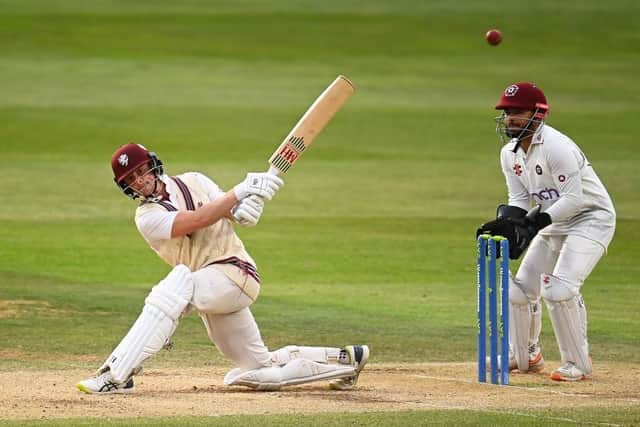 Tom Abell his out on his way to an unbeaten century for Somerset against Northants at Taunton on Thursday