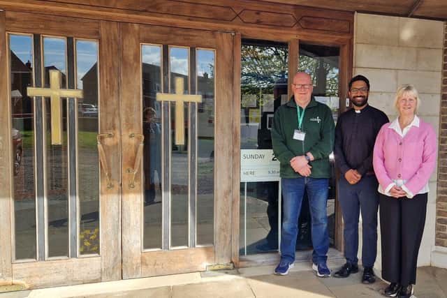 (L-R) are Martin Langford, manager at Corby Foodbank, Reverend Shakeel Nurmahi, the new chairperson of Corby Foodbank, and Sue Kennedy, church warden and out-going chair of Corby Foodbank