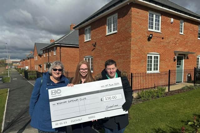 Caption: From left to right, Pip Willmott, Higham Gateway Club Secretary, joins Georgia Price, Sales Administrator at HarperCrewe, along with David Sharpe, Higham Gateway Club Committee Member, at the HarperCrewe Higham Ferrers development.