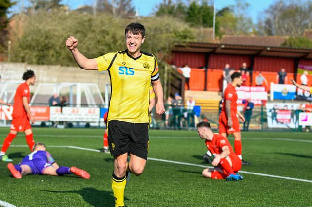 Captain Alex Collard celebrates one of his two goals in AFC Rushden & Diamonds' 3-1 win at Redditch United last weekend. Picture courtesy of Hawkins Images