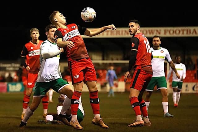Action from Kettering Town's 1-0 home defeat to Gloucester City. Picture by Poppies Media/Graham Norris