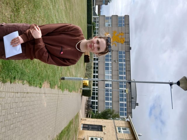 Erin collecting her A-level results at Weavers School in Wellingborough