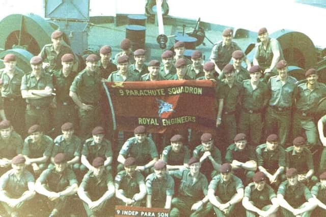 Troops on the MV Norland setting sail for the Falklands Islands — 2 Troop 9 Parachute Squadron Royal Engineers were then attached to 2 Para. Mr Smyth is in the second row, second from left