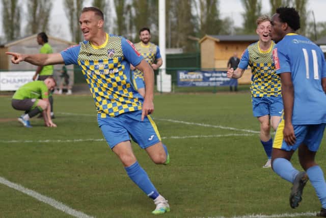 Brett Solkhon celebrates after scoring the Doughboys' stoppage time winner against Sutton Coldfield (Picture: Rib Wobb)