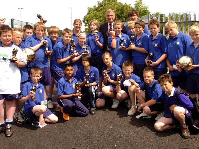 Former England footballer Sir Trevor Brooking presented awards to pupils, June 2008
