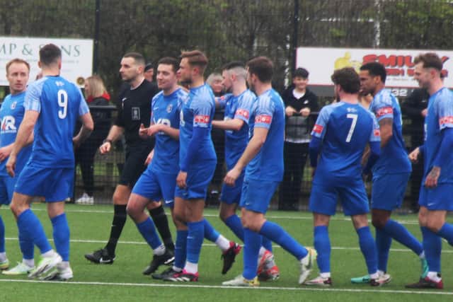 Corby Town celebrate after scoring their goal at Harborough Town on Saturday (Picture: David Tilley)