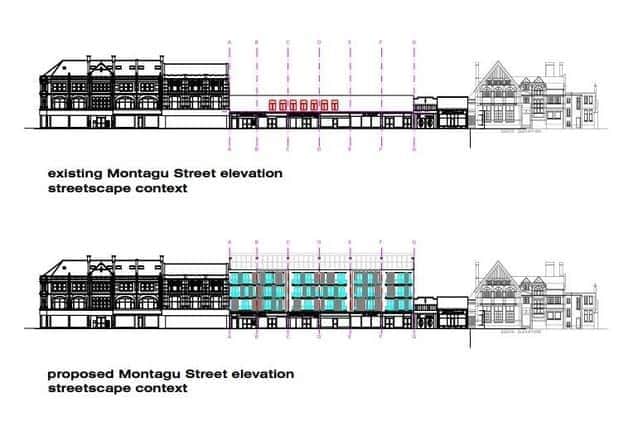 A drawing showing how the street looks now compared to how it could look if plans are approved. Credit: Muddy Dog Architects