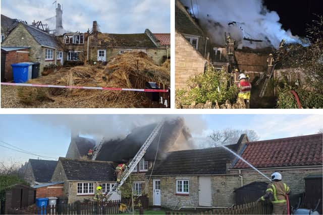 Firefighters tackle the blaze in a thatched roof in Grafton Underwood near Kettering / NFRS/National World