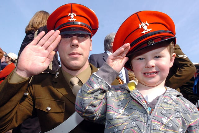 Northampton, 9th /12th Lancers (Prince of Wales's) homecoming parade after six-month tour of Iraq. 
Lance Cpl David Smith and his nephew Alfie Taylor, 4, from Rushden  
March 2009