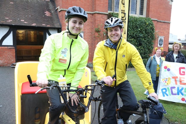 Matt Baker and Tabitha Tuckley at the start of the BBC Children in Need Rickshaw Challenge