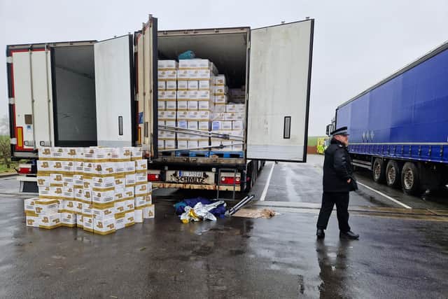 Boxes of Ferrero Rocher have been removed from the lorry to allow the migrants to get out. Image: Alison Bagley