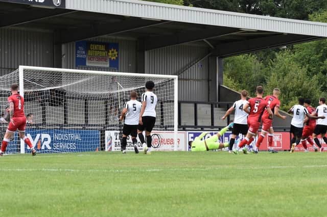 Jordan Graham scores the only goal of the game as Kettering Town rounded off pre-season with a 1-0 success at Corby Town. Picture courtesy of Poppies Media