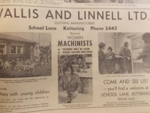 An advert from the Northants Evening Telegraph for machinist to work at Wallis and Linnell in School Lane, Kettering Every Picture Tells a Story by Dave Clemo