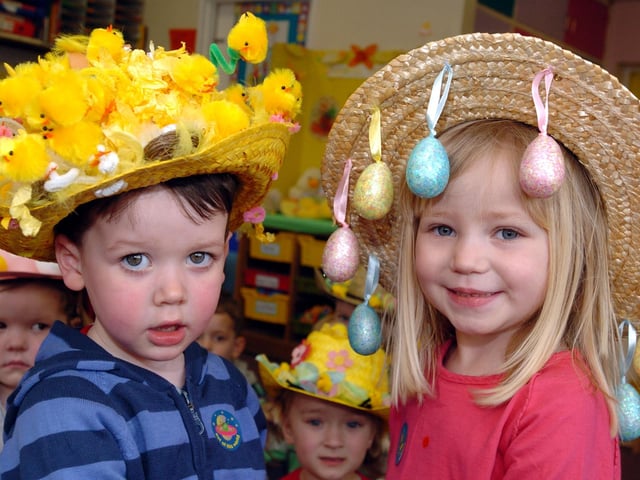 Corby, St Brendan's Playgroup, Easter Bonnet parade. l-r Cooper Heron, 3, and Libby Sharkey, 3. 2009