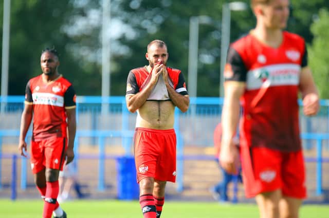 Gary Stohrer shows his disappointment after Kettering Town's 1-0 defeat at Curzon Ashton. Pictures by Peter Short