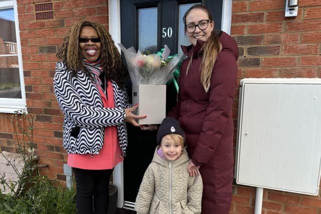 Pictured at the launch of Corby's armed forces housing scheme are Evonne Coleman-Thomas, NNC assistant director of housing, and Kat Baginska with her three-year-old daughter. Image: NW