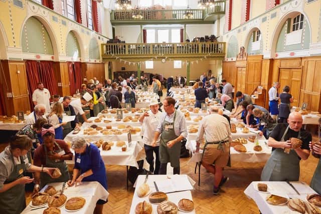 Scores of judges gathered at Cathedral Hall, Westminster, to assess the hundreds of loaves submitted from around the UK for this year’s Tiptree World Bread Awards with Brook Food. Credit: Henry Kenyon