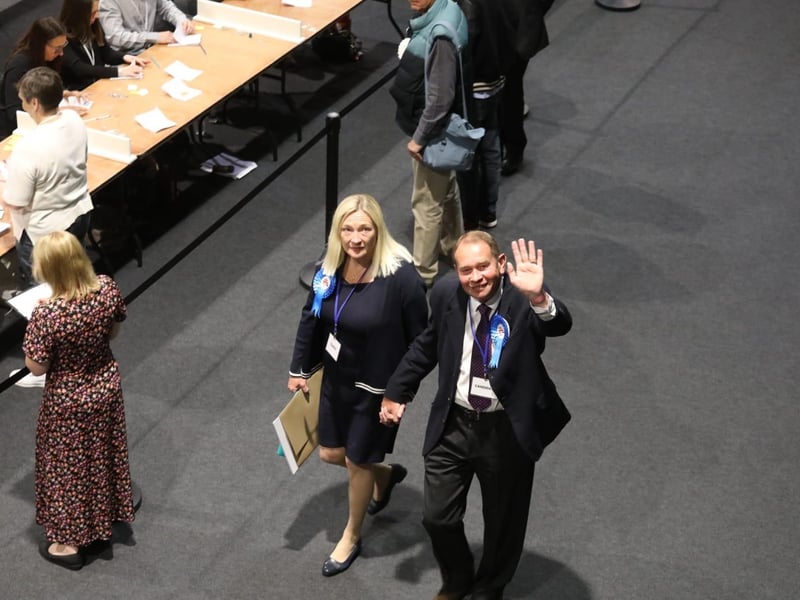 Philip Hollobone, Conservative candidate and current MP for Kettering arrives at the count