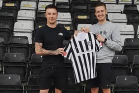 Lee Attenborough welcomes Jordan Macleod to Steel Park. Pictures courtesy of Corby Town FC