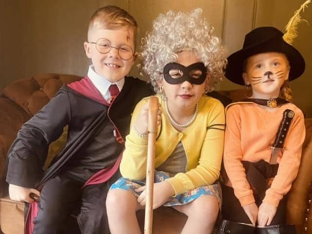 Vinnie Jennings, Louis Jennings and indie Jennings from Kettering as Harry Potter, Gangsta Granny and Puss in Boots