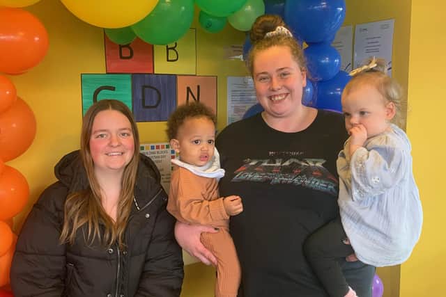 Building Blocks Christian Day Nursery anniversary l-r Cloe Whiteman, 18, Leo Langdon aged 1, Katie Rance and Juniper Riddell aged 2