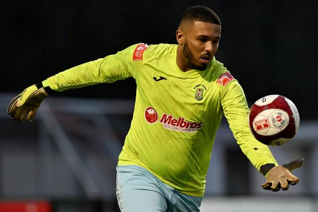Striker Jordan Wilson took over in goal when keeper Matt Hill was red carded in the first half, and went on to keep a clean sheet (Picture: Martin Pulley)