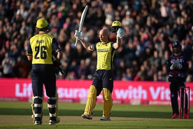 Chris Lynn celebrates reaching three figures at Edgbaston