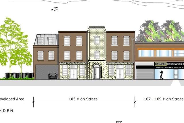 Proposed street scene view, detailing the plans for the three-storey building at 105 High Street. 
Taken from planning application
(Credit: Briggs & Hulland Ltd)