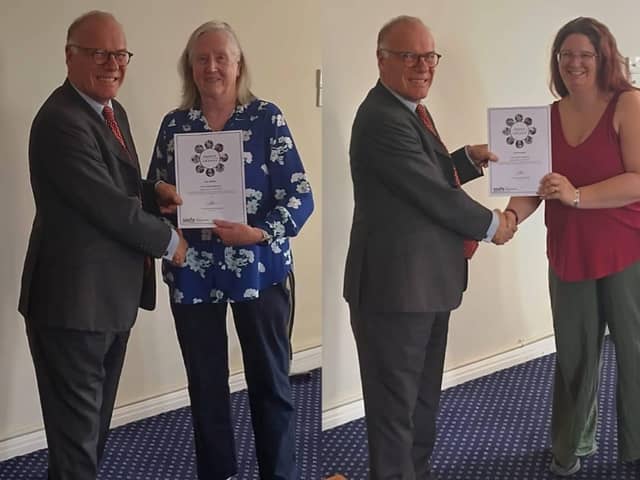 Sue Walters left and Sarah Nugent right receiving their awards from James Saunders Watson Esq