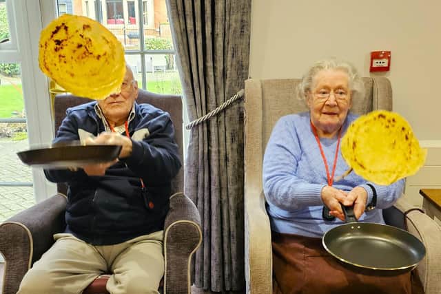 Celebrating Pancake Day at Elm Bank Care Home.